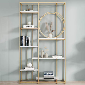 Modern 7-Tier Rectangle Freestanding Geometric Bookshelf in Gold & White-Bookcases & Bookshelves,Furniture,Office Furniture